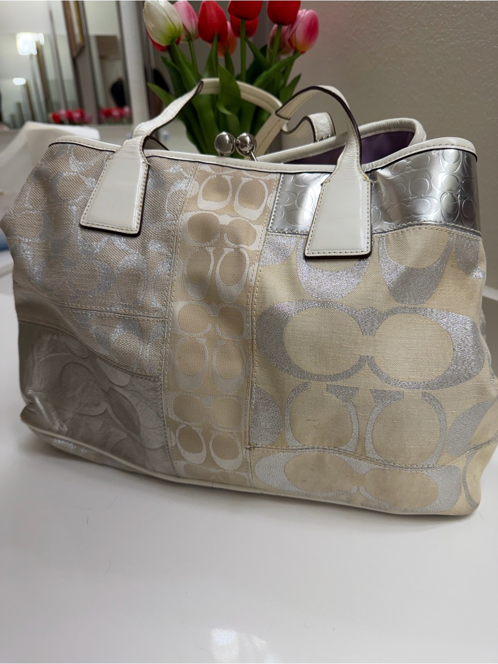 Coach Metallic Signature Patchwork Tote in Silver & Cream
